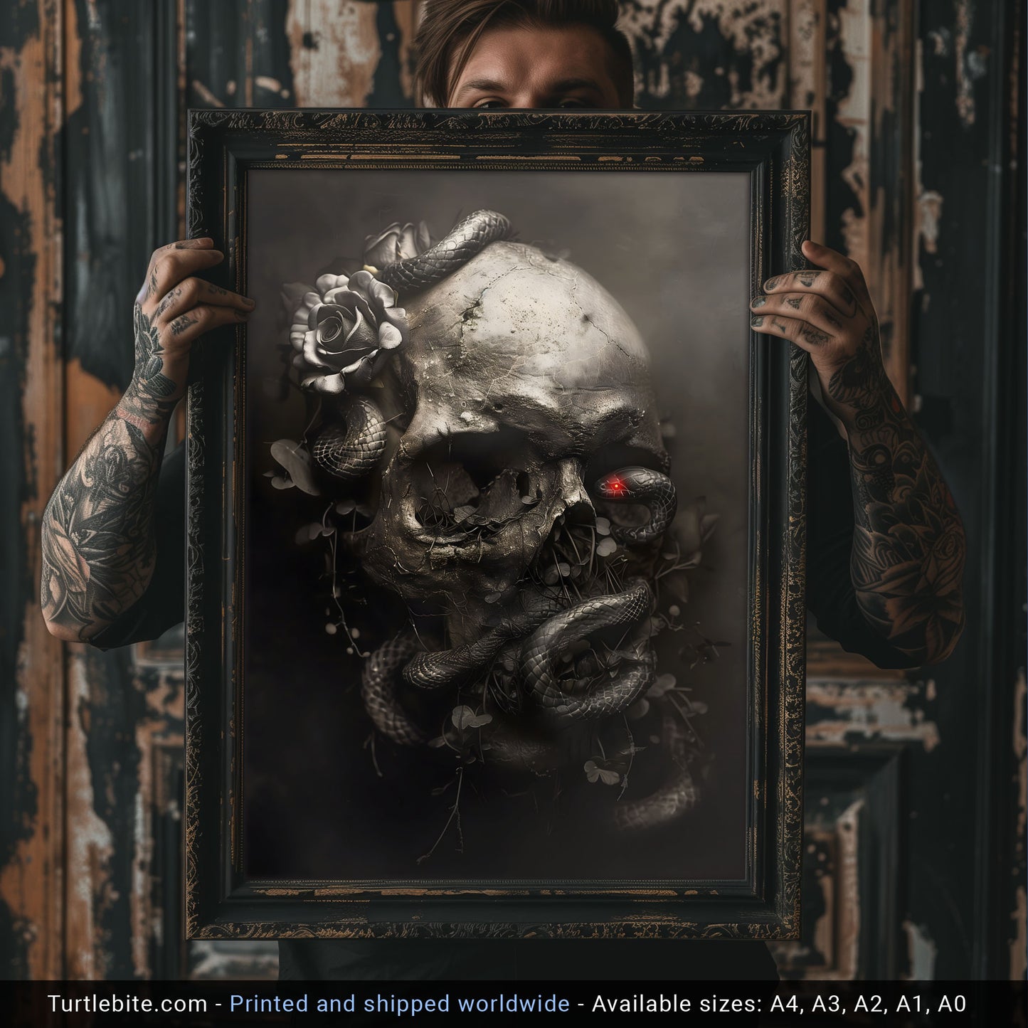 Black Snake and Skull Poster, Macabre Dark Art Print