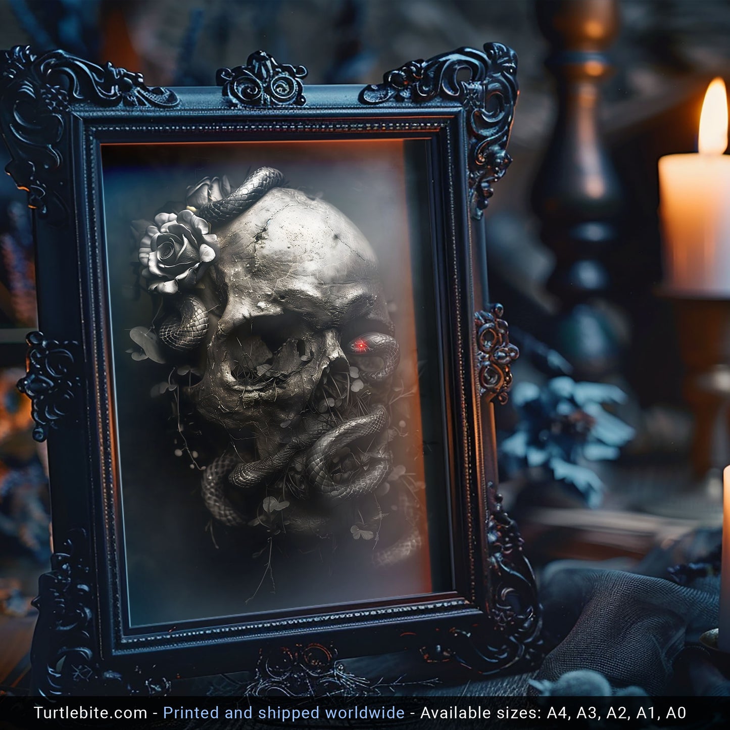 Black Snake and Skull Poster, Macabre Dark Art Print