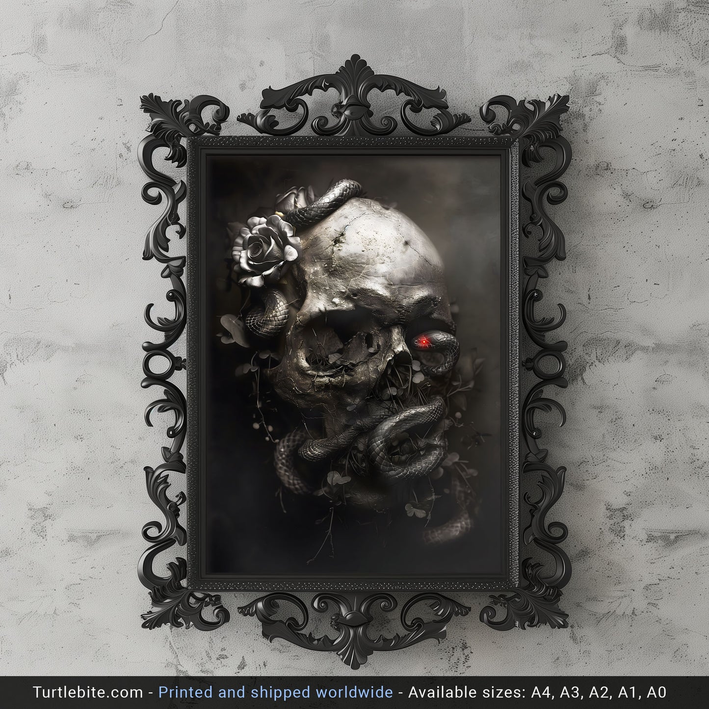 Black Snake and Skull Poster, Macabre Dark Art Print