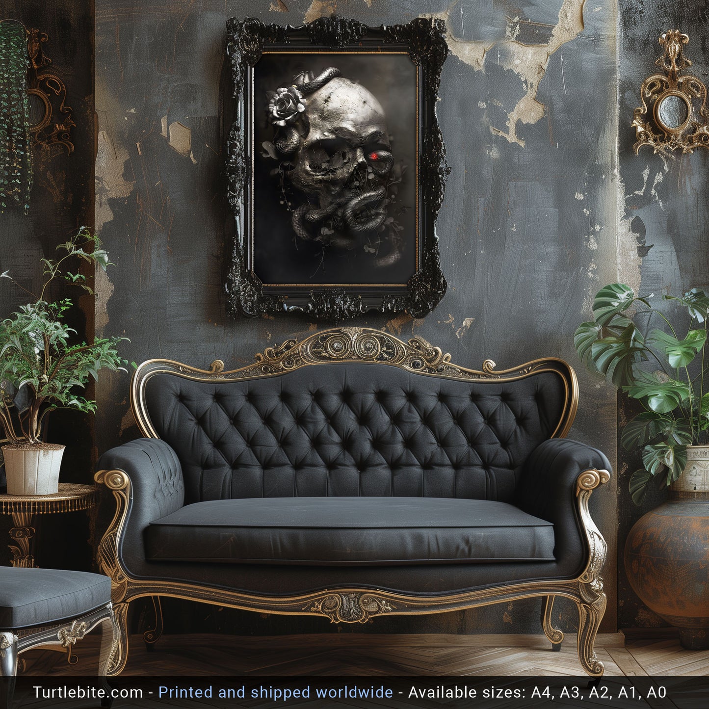 Black Snake and Skull Poster, Macabre Dark Art Print