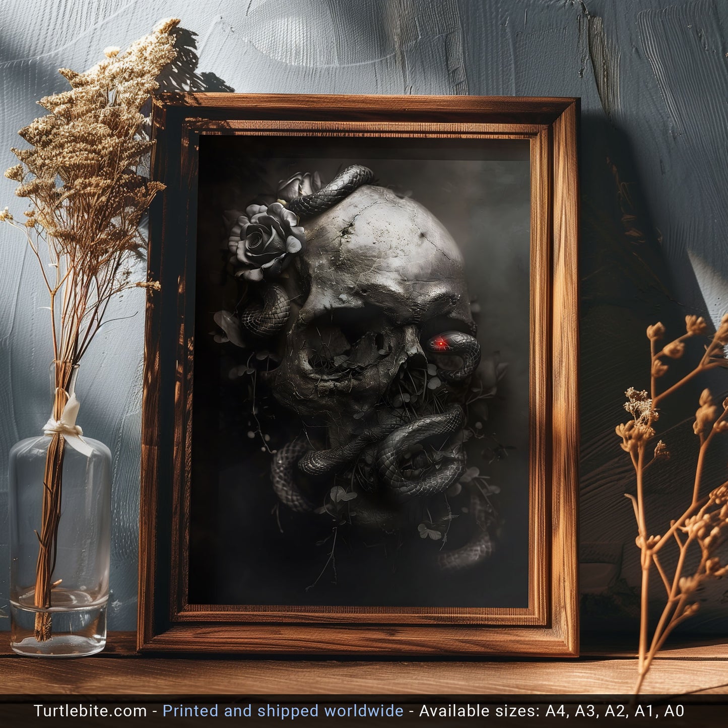 Black Snake and Skull Poster, Macabre Dark Art Print
