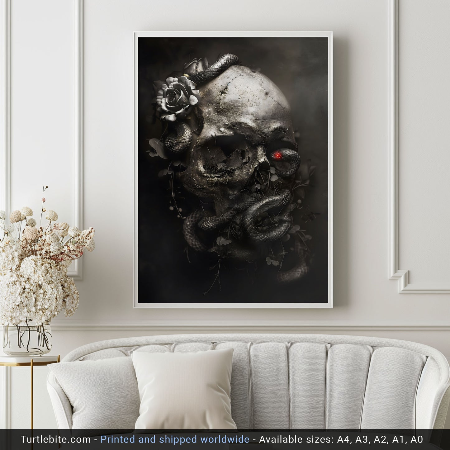 Black Snake and Skull Poster, Macabre Dark Art Print