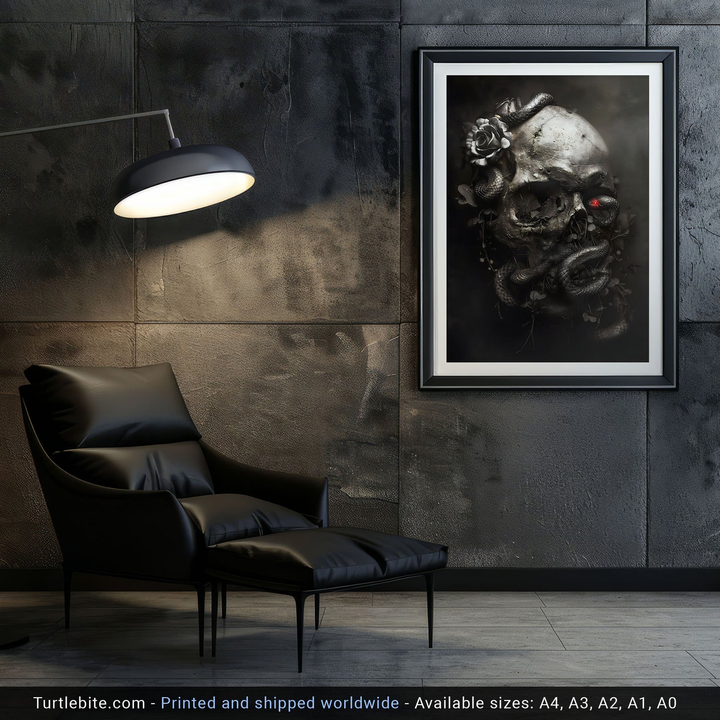 Black Snake and Skull Poster, Macabre Dark Art Print