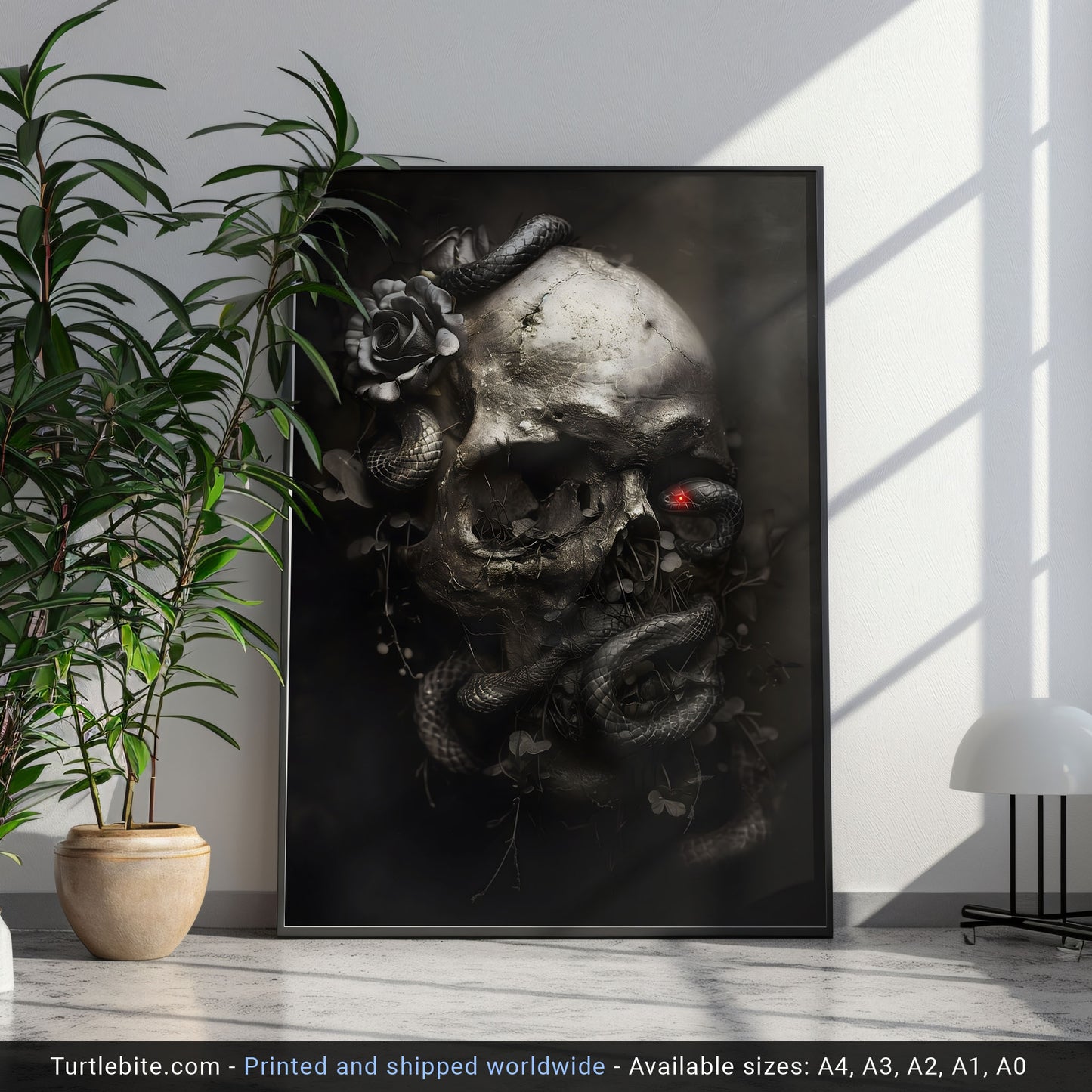 Black Snake and Skull Poster, Macabre Dark Art Print