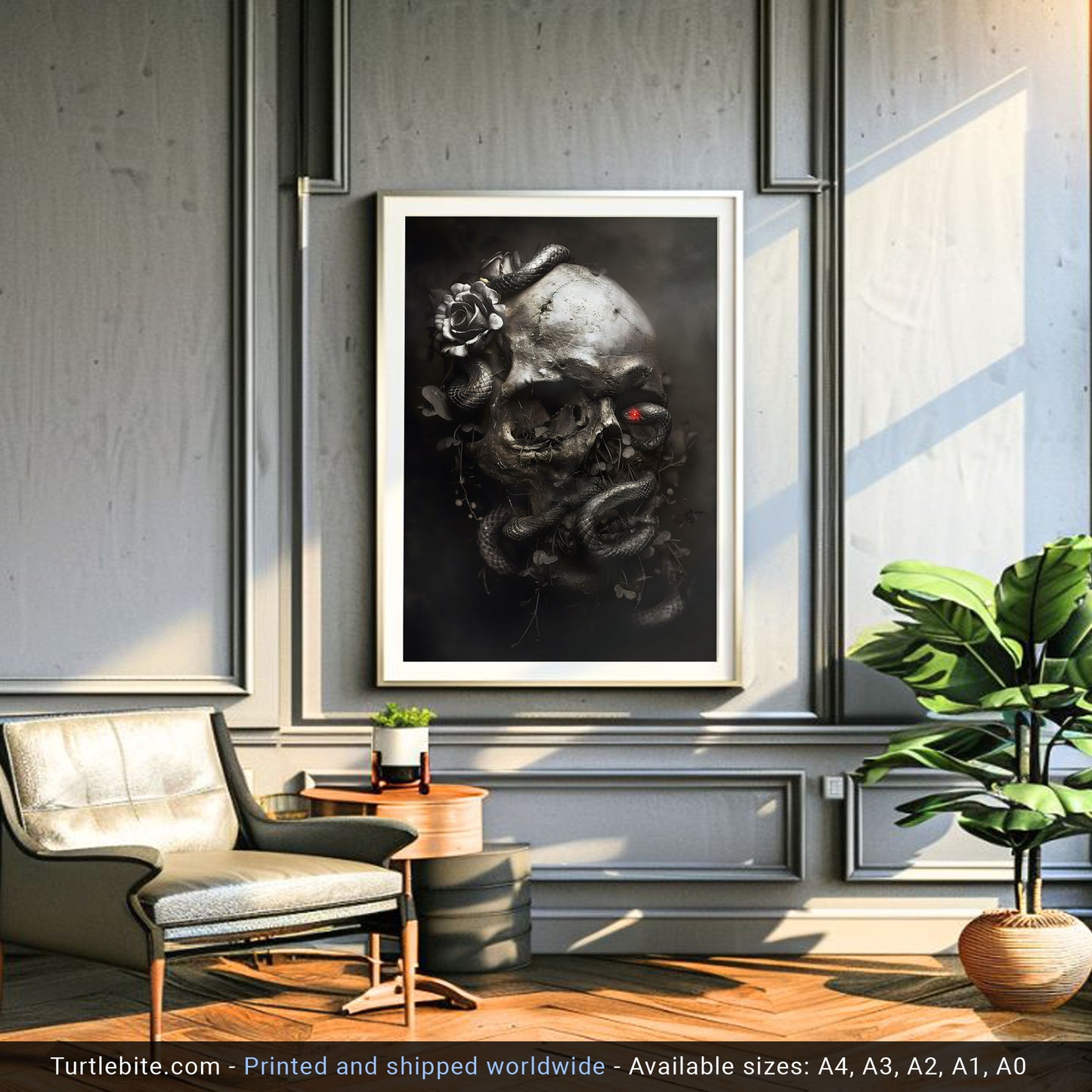 Black Snake and Skull Poster, Macabre Dark Art Print