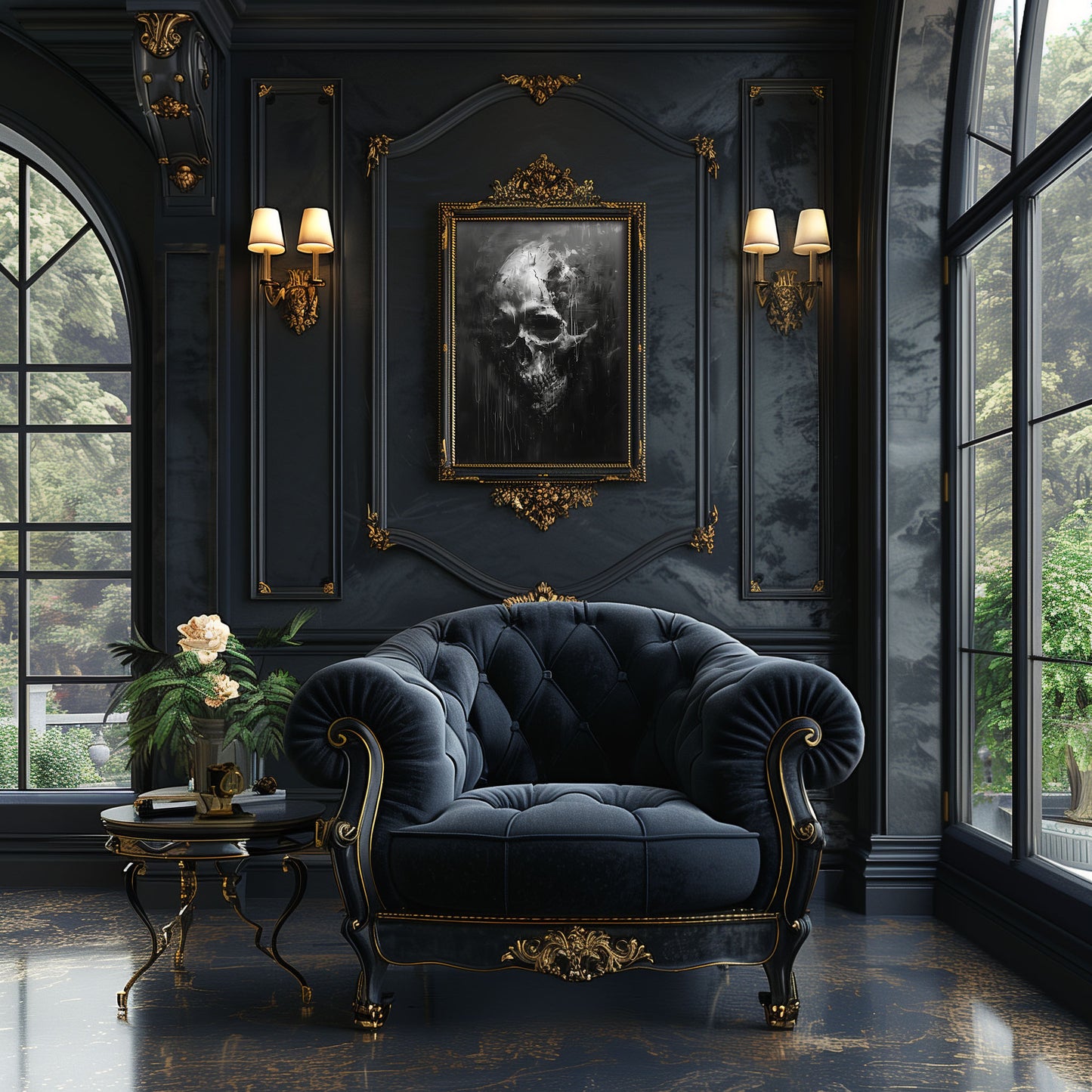 Black and White Skull Painting, Gothic Dark Aesthetic Wall Art