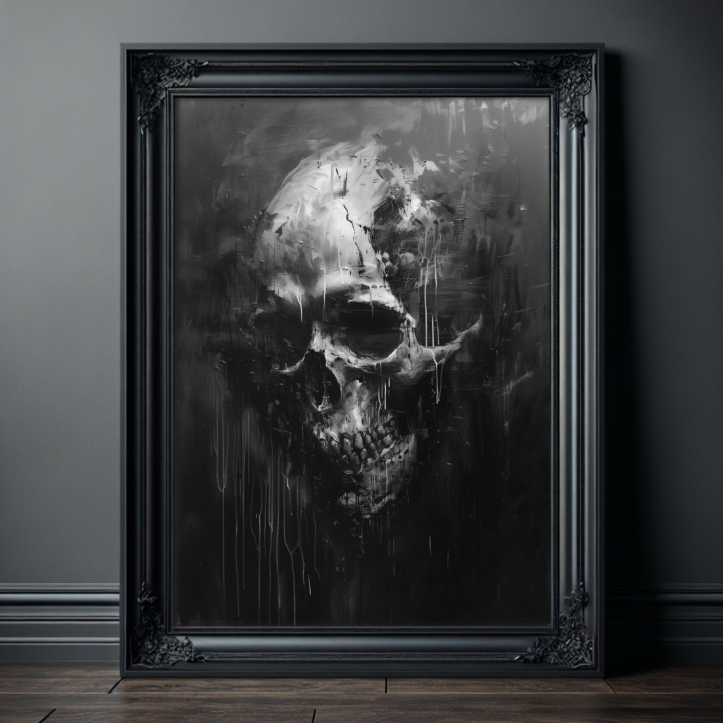 Black and White Skull Painting, Gothic Dark Aesthetic Wall Art