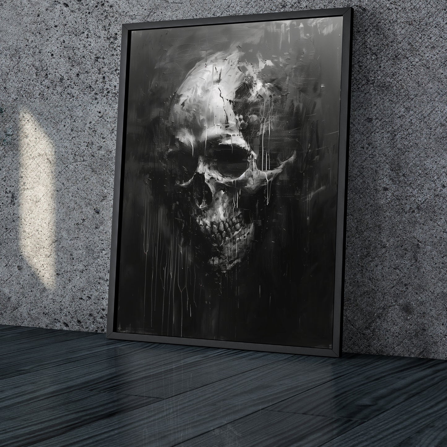 Black and White Skull Painting, Gothic Dark Aesthetic Wall Art