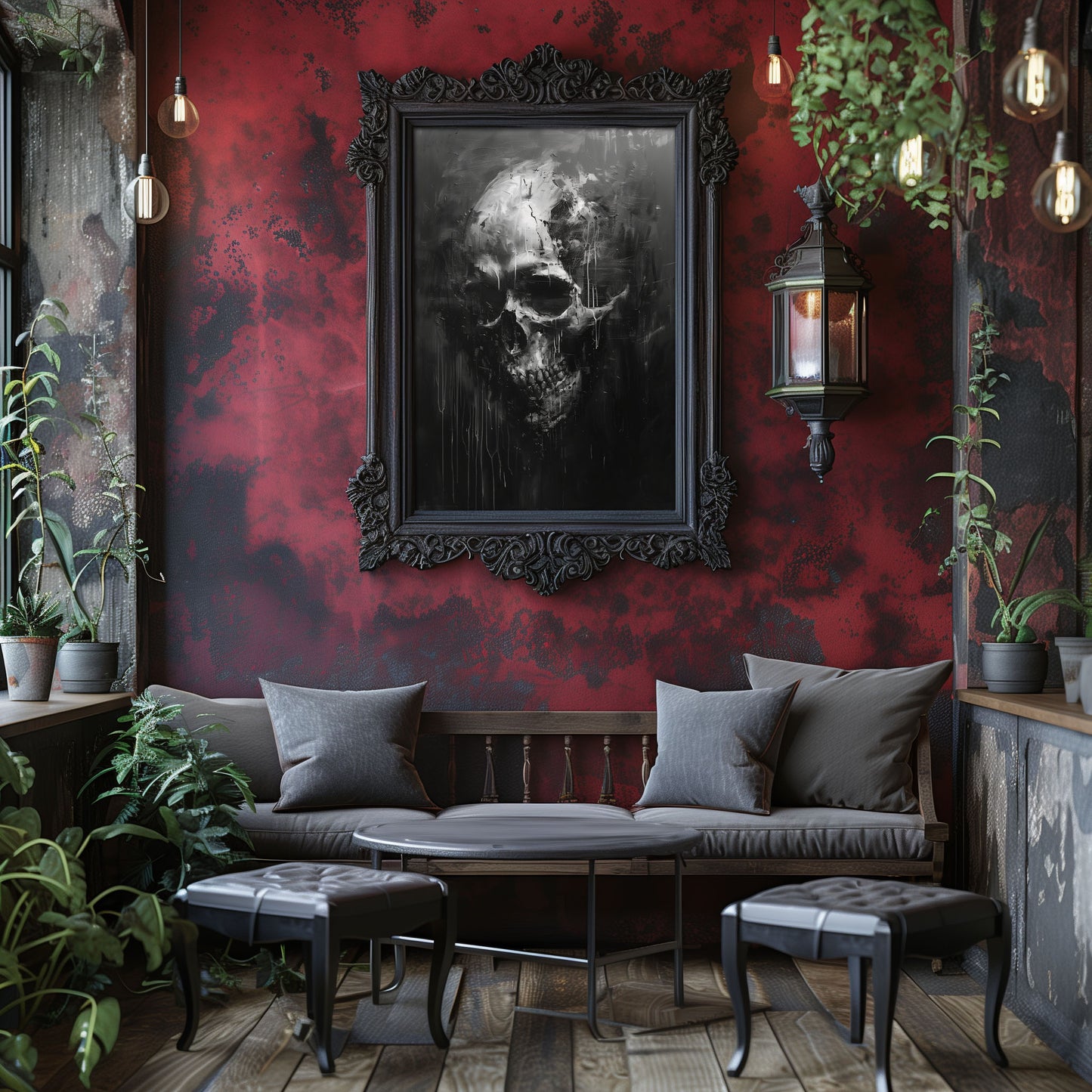 Black and White Skull Painting, Gothic Dark Aesthetic Wall Art