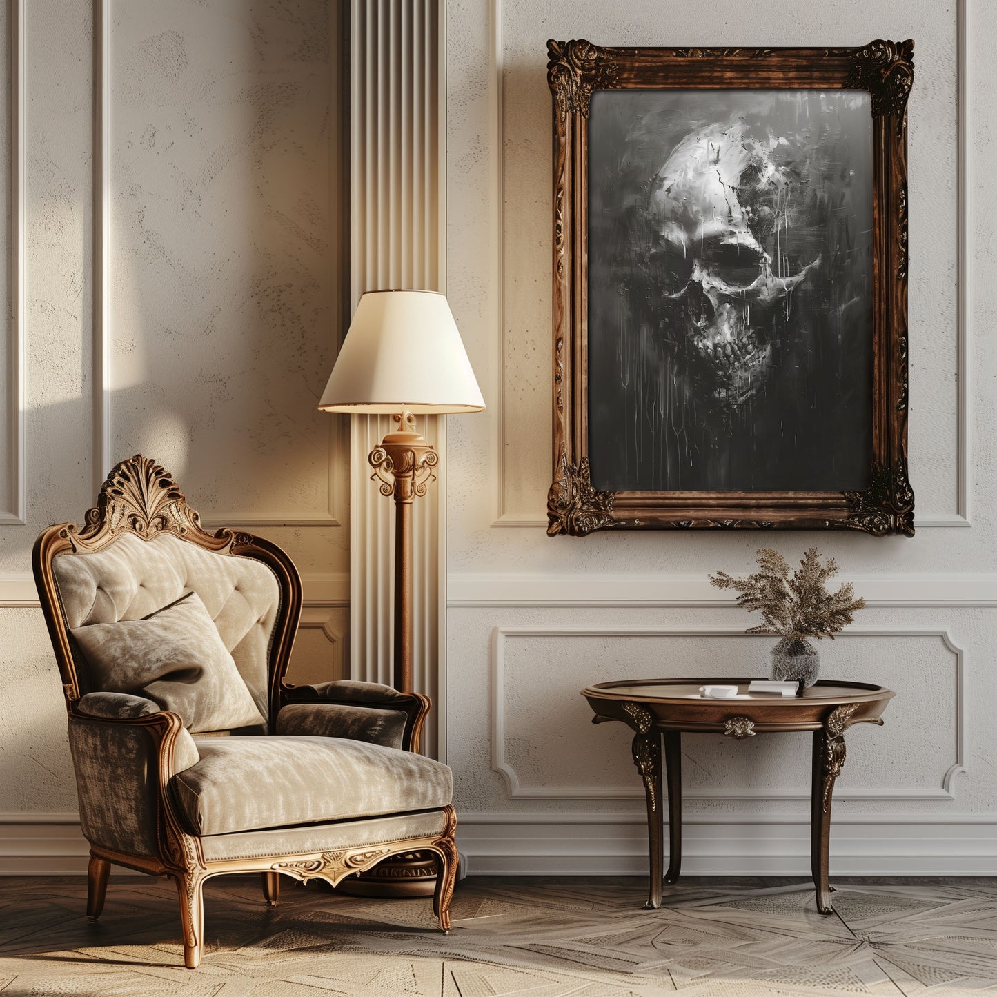Black and White Skull Painting, Gothic Dark Aesthetic Wall Art