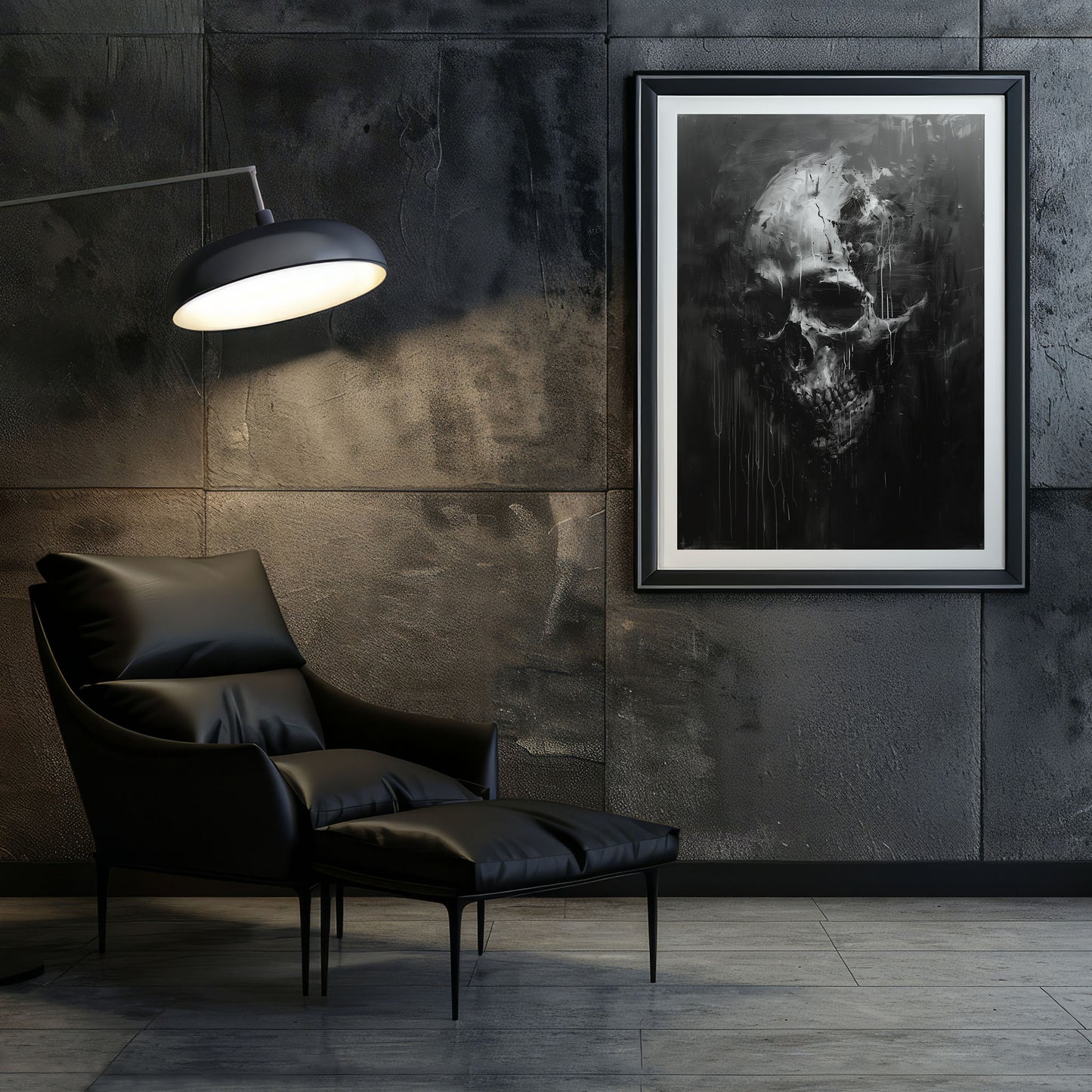 Black and White Skull Painting, Gothic Dark Aesthetic Wall Art
