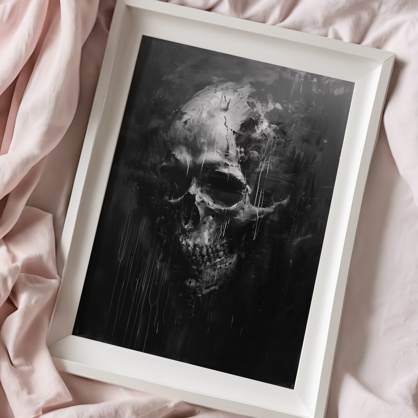 Black and White Skull Painting, Gothic Dark Aesthetic Wall Art