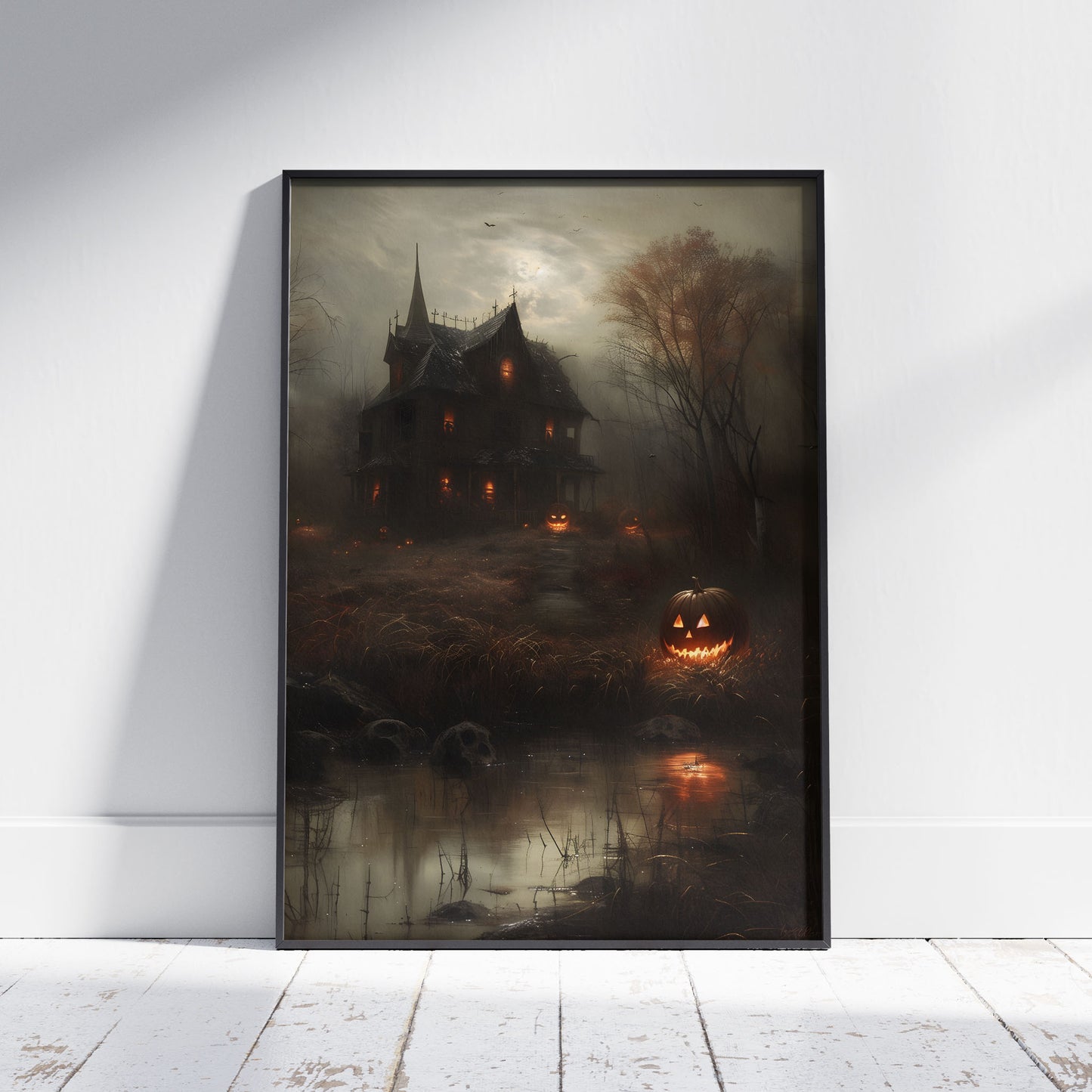 Hauntingly Beautiful - Classic Halloween Pumpkin Poster and Haunted House Art Print for Home Decor