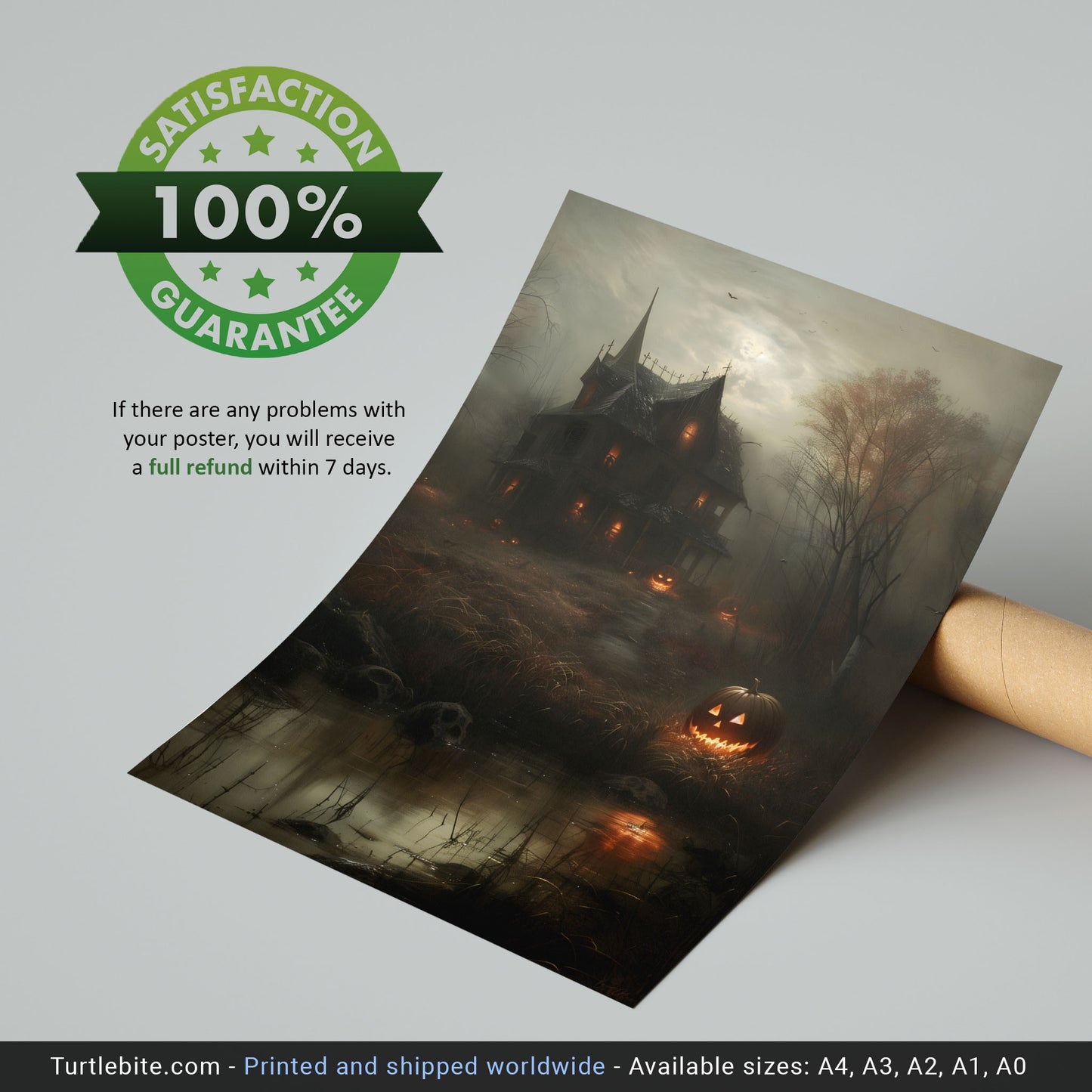 Hauntingly Beautiful - Classic Halloween Pumpkin Poster and Haunted House Art Print for Home Decor
