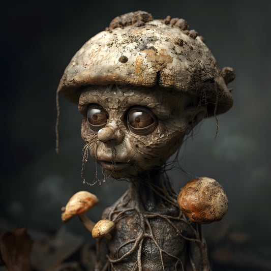 Creepy Cute Botanical Print - Little Mushroom Man in Dark Forest Poster