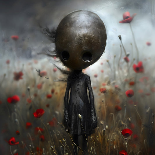 Creepy Cute Doll in Poppy Field Poster - Dark Wall Art Print