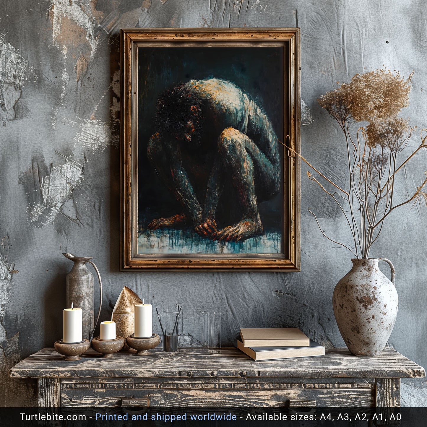 Dark Oil Painting of a Crouching Troll Poster, Moody Wall Art Print