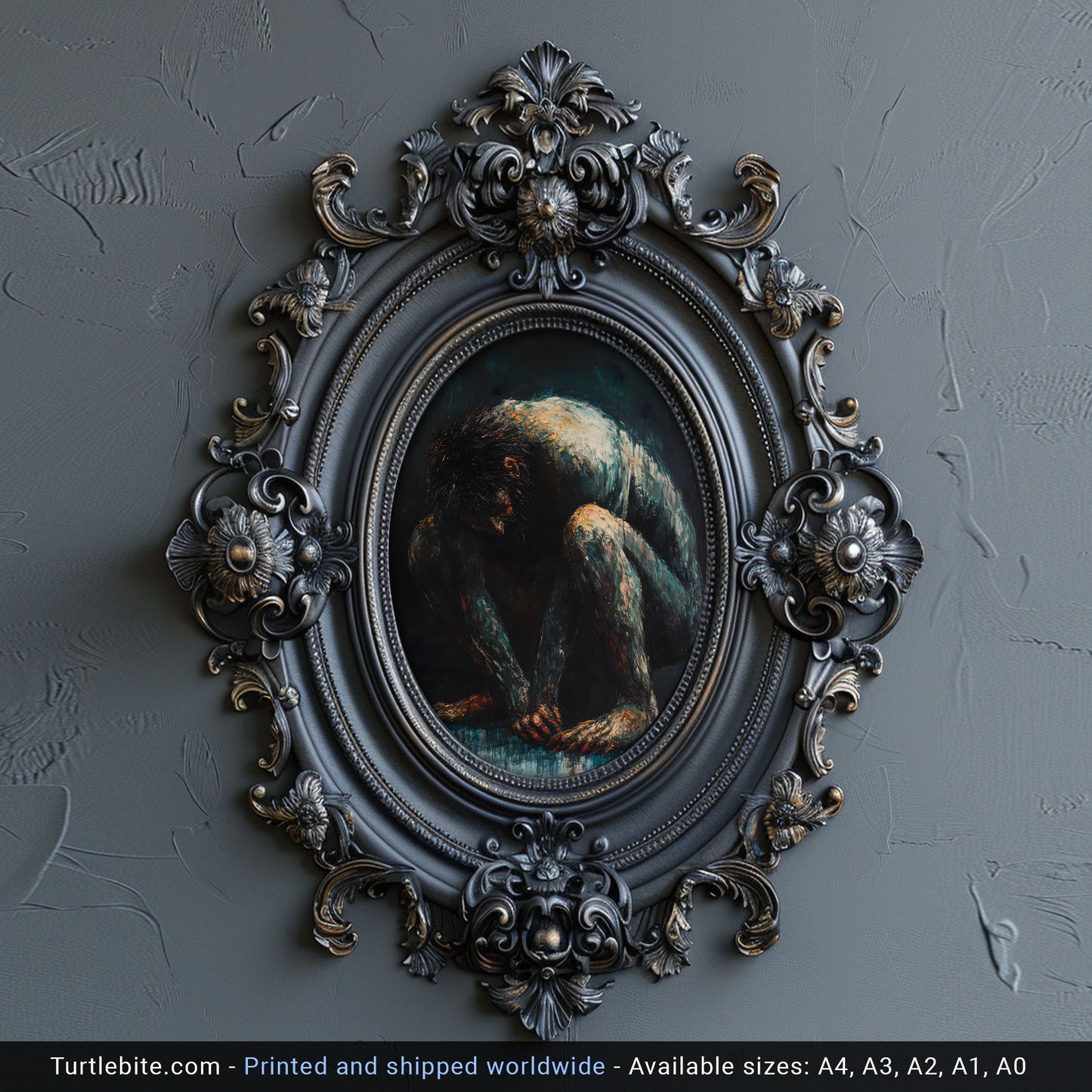 Dark Oil Painting of a Crouching Troll Poster, Moody Wall Art Print