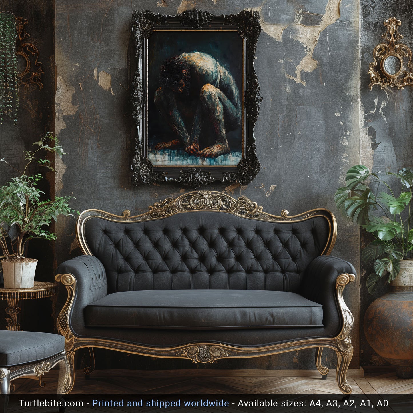 Dark Oil Painting of a Crouching Troll Poster, Moody Wall Art Print