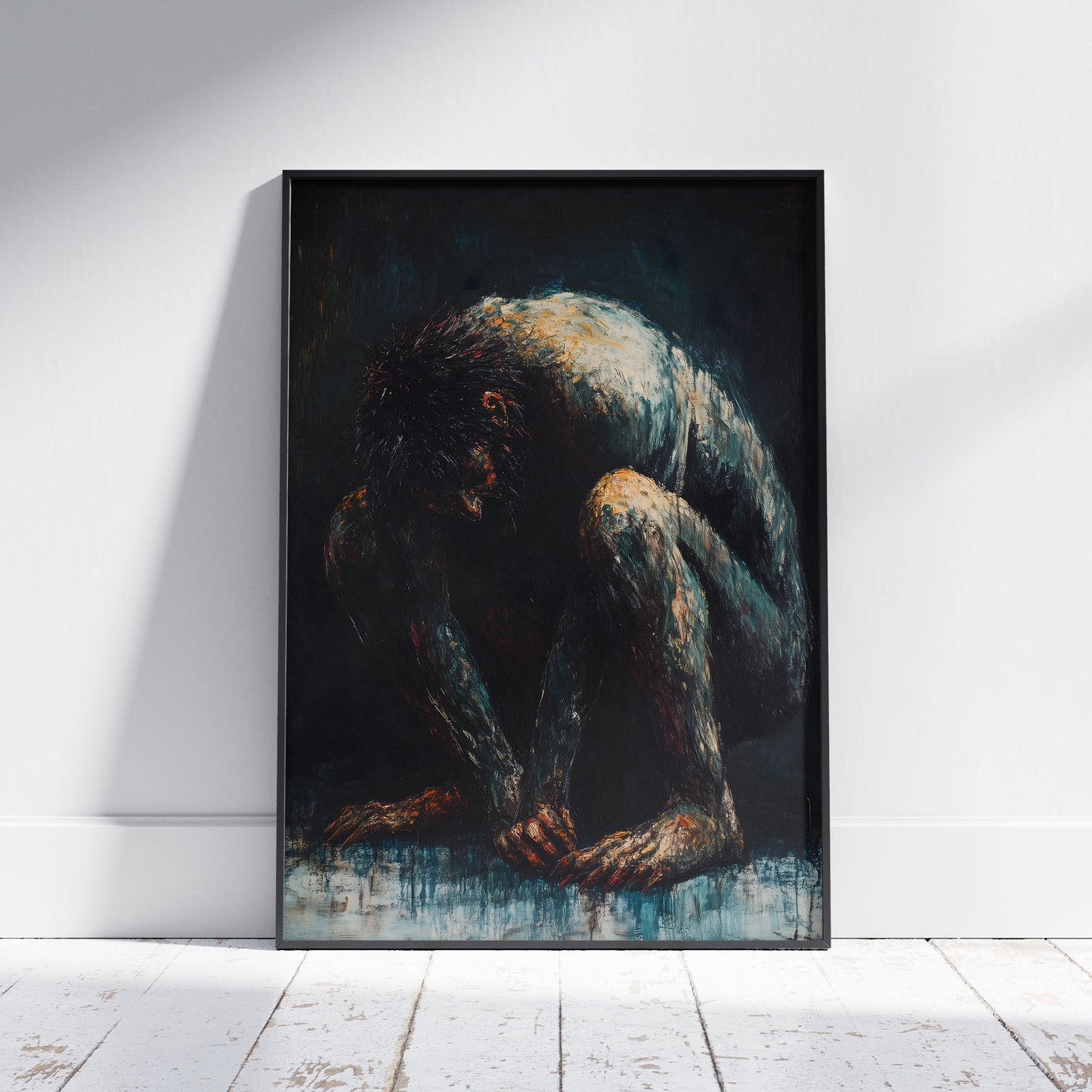Dark Oil Painting of a Crouching Troll Poster, Moody Wall Art Print