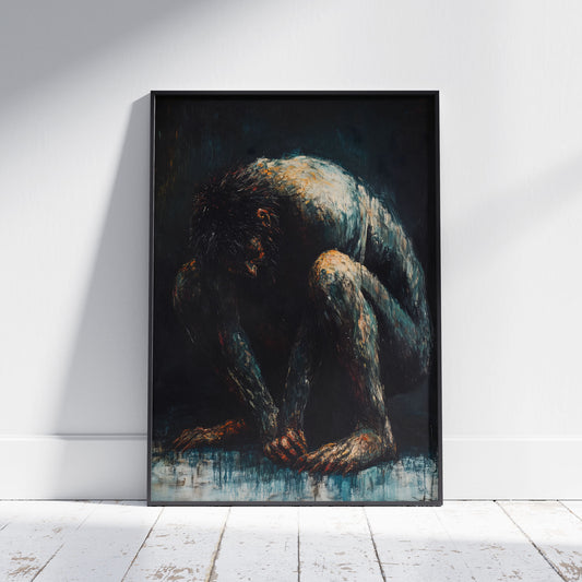 Dark Oil Painting of a Crouching Troll Poster, Moody Wall Art Print