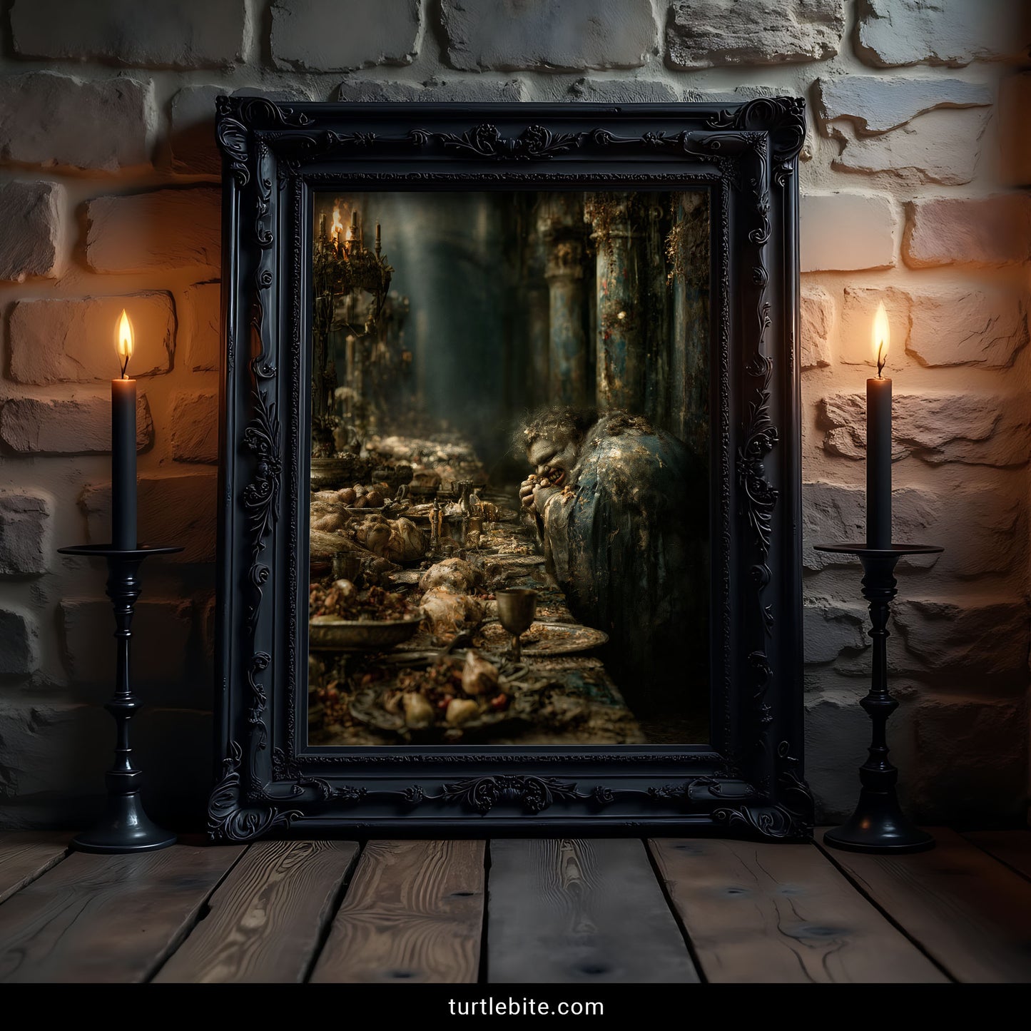 Macabre art print of a grinning figure at a crumbling feast table, dark academia wall decor