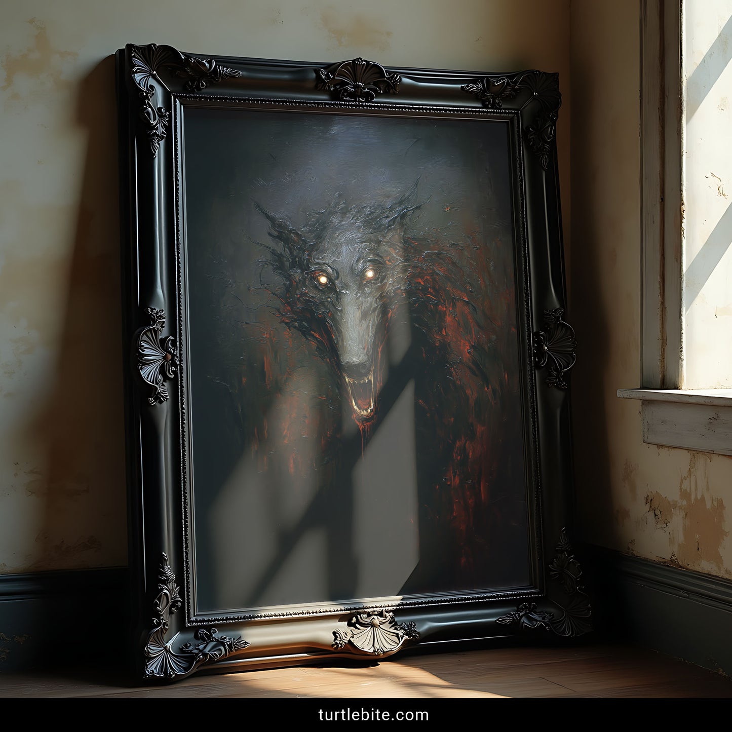 Horror fantasy wolf poster with swirling smoke effects and predatory creature design