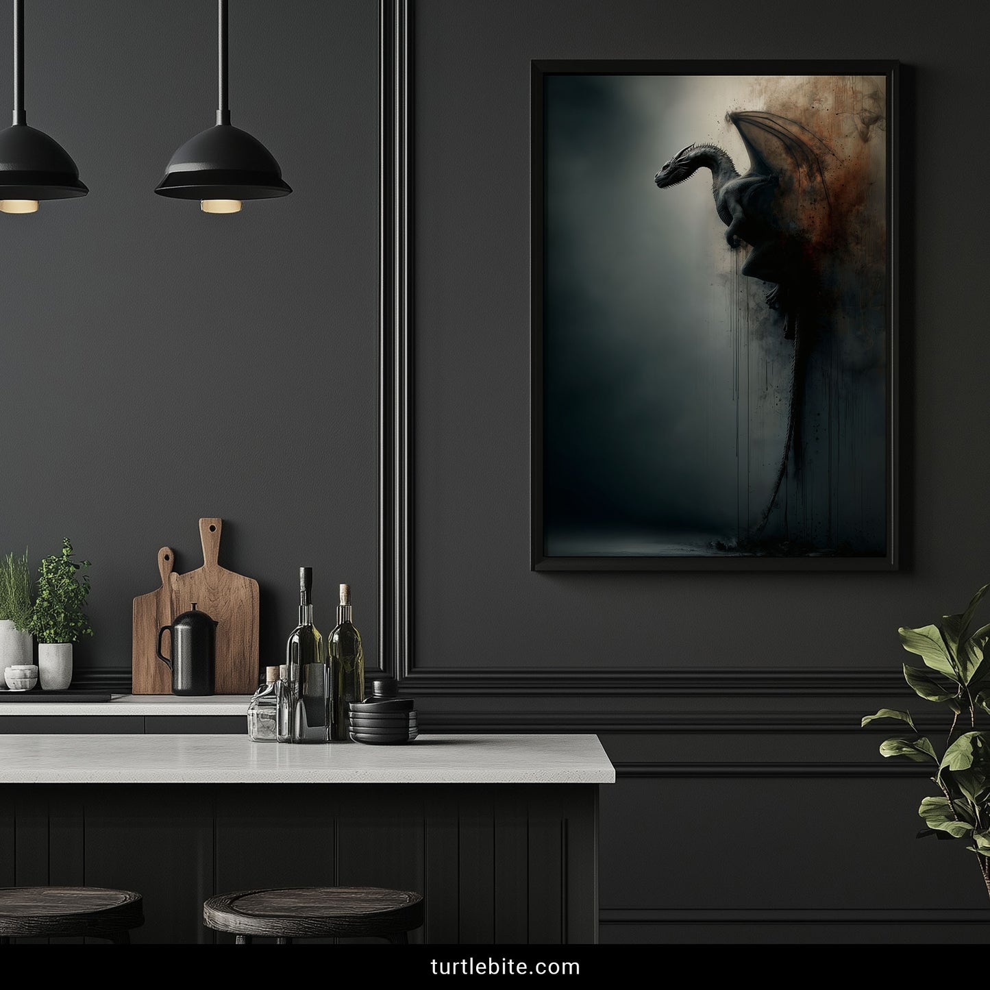 Atmospheric dragon gothic decor with urban decay aesthetic and dramatic lighting