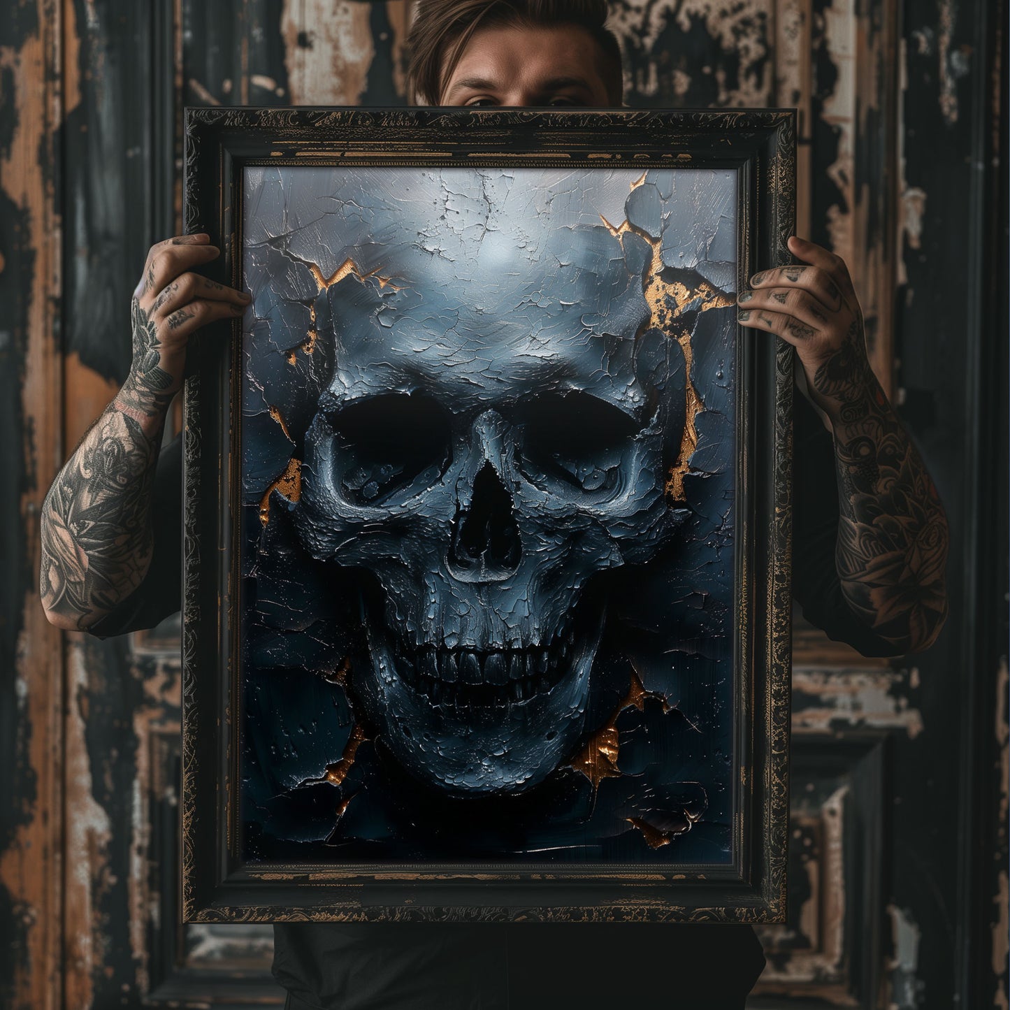 Eerie Dark Blue Skull Painting - Haunting Wall Art - Creepy Home Decor