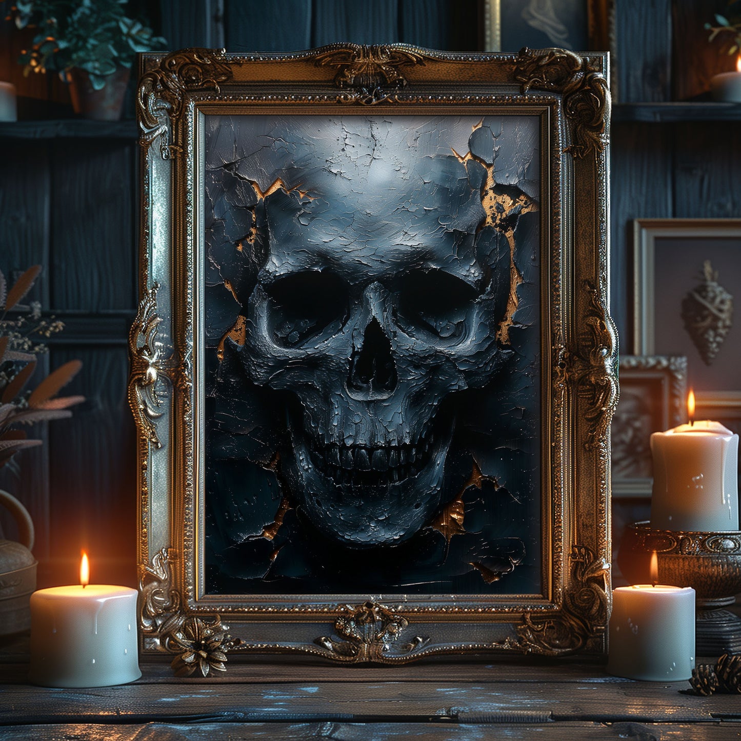 Eerie Dark Blue Skull Painting - Haunting Wall Art - Creepy Home Decor
