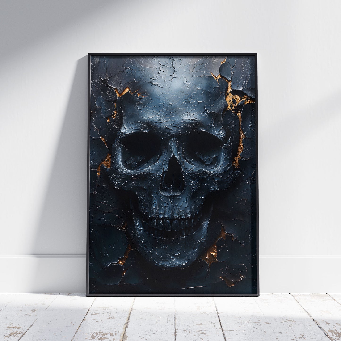 Eerie Dark Blue Skull Painting - Haunting Wall Art - Creepy Home Decor