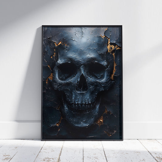 Eerie Dark Blue Skull Painting - Haunting Wall Art - Creepy Home Decor