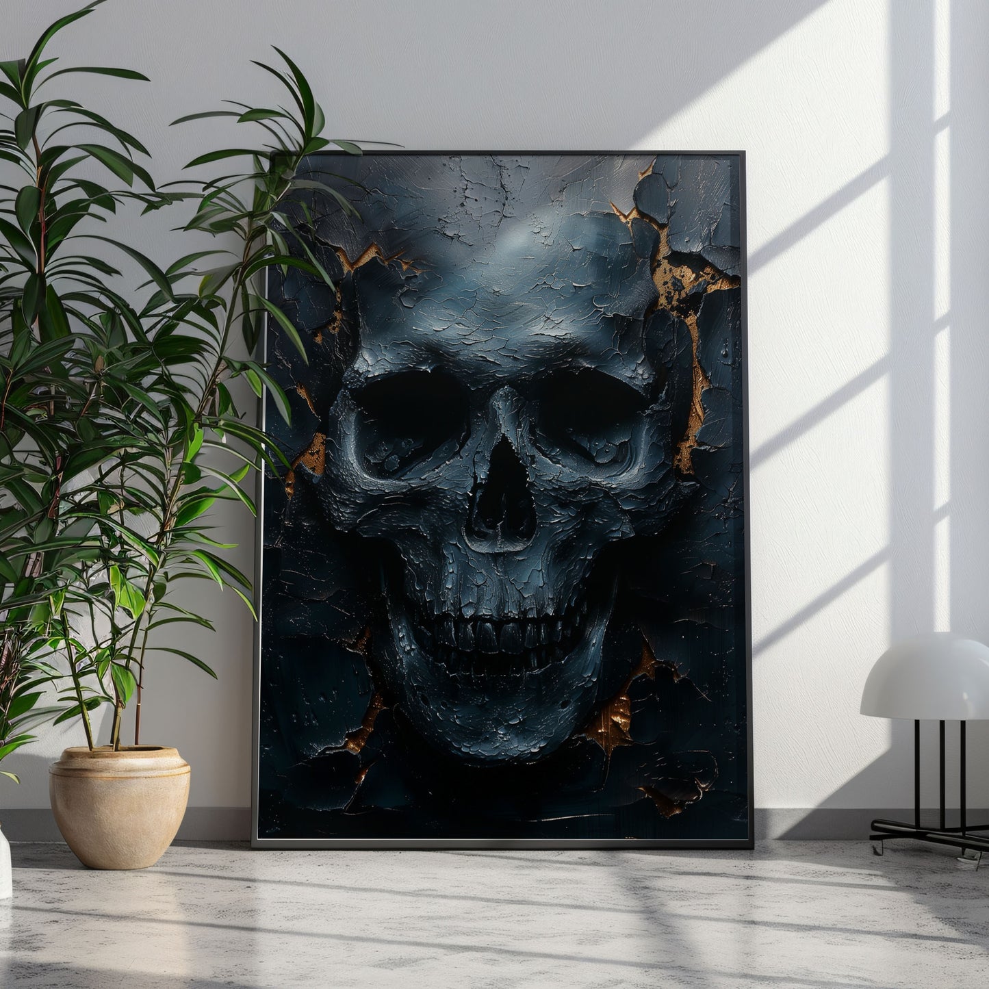 Eerie Dark Blue Skull Painting - Haunting Wall Art - Creepy Home Decor