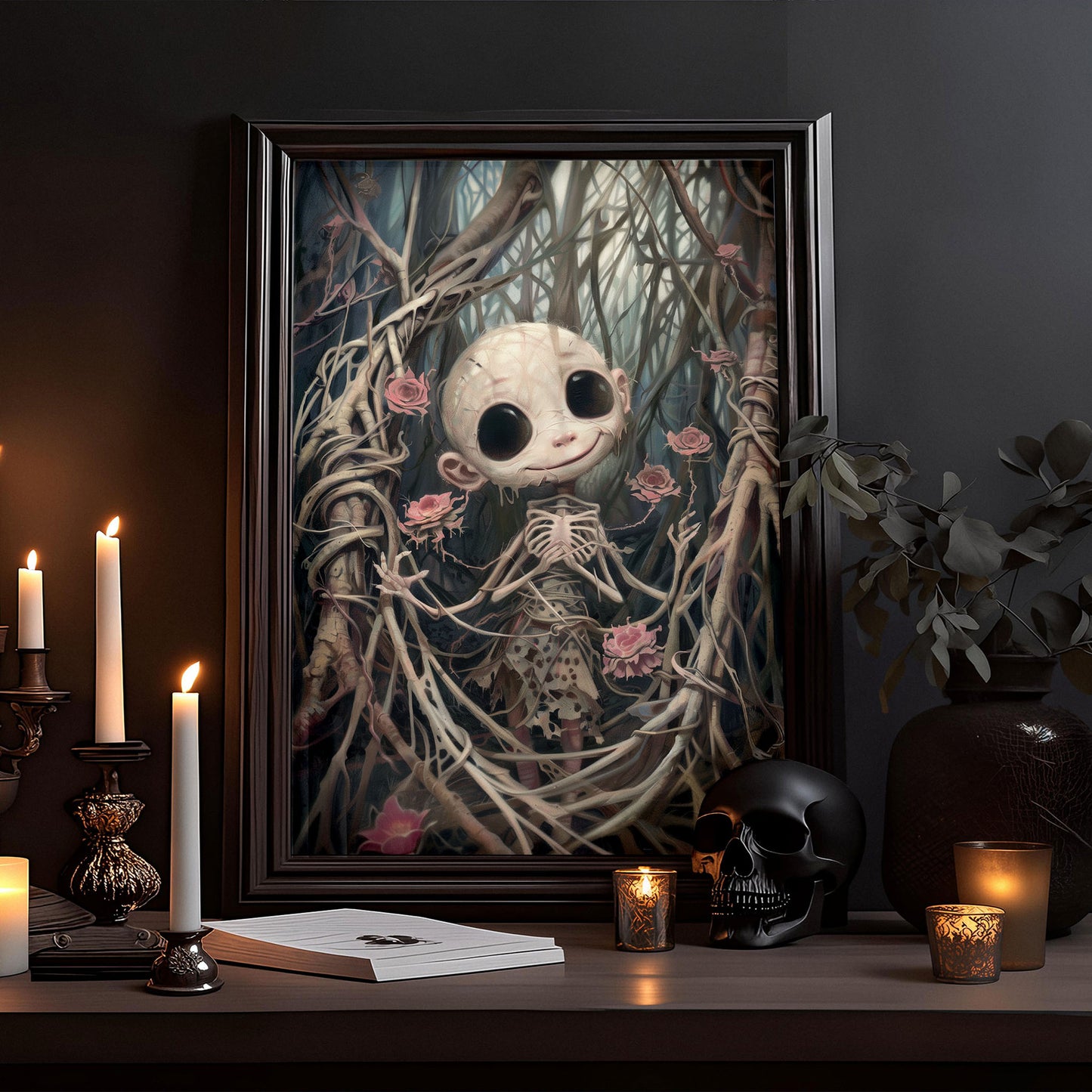 Creepy Cute Horror Doll Surrounded by Pink Roses Poster