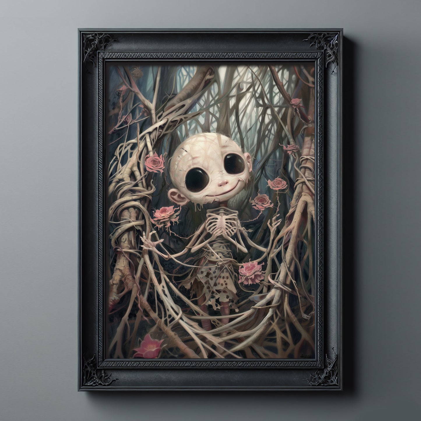 Creepy Cute Horror Doll Surrounded by Pink Roses Poster