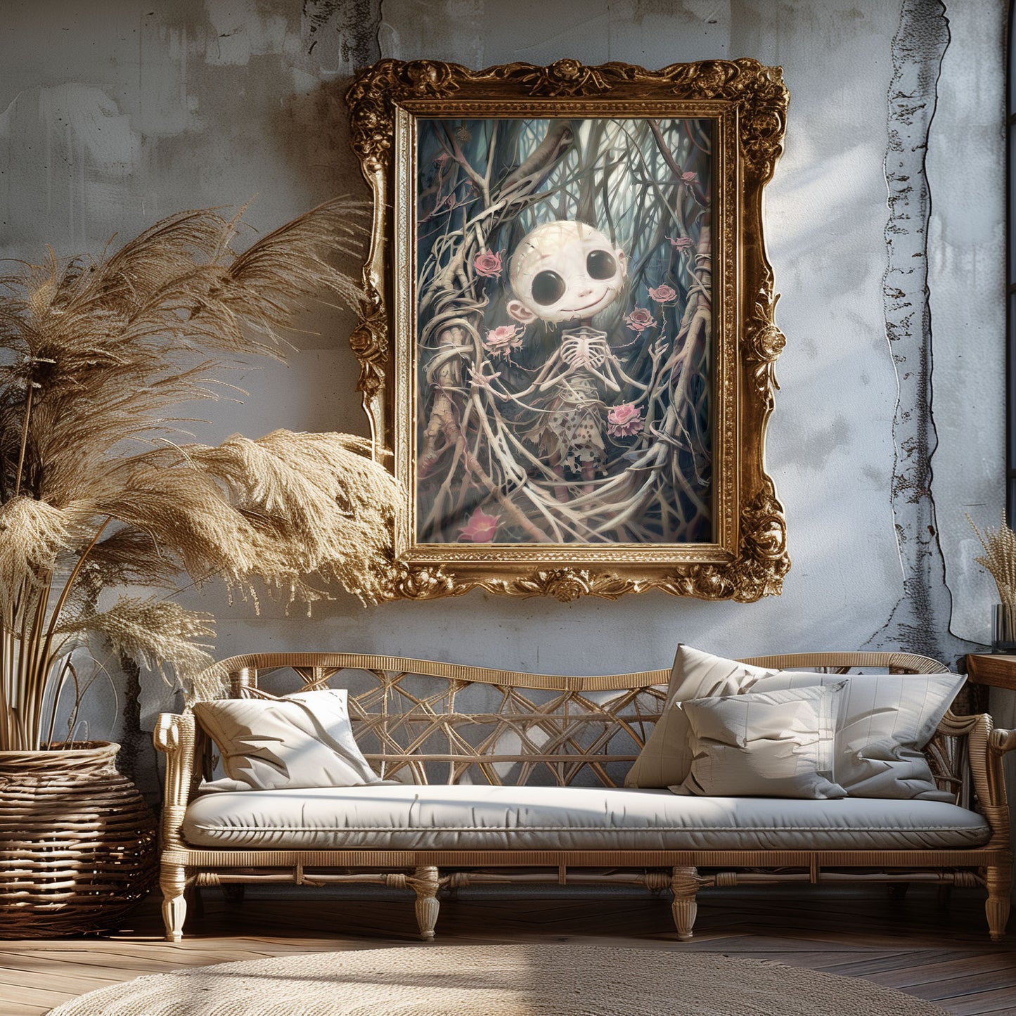 Creepy Cute Horror Doll Surrounded by Pink Roses Poster