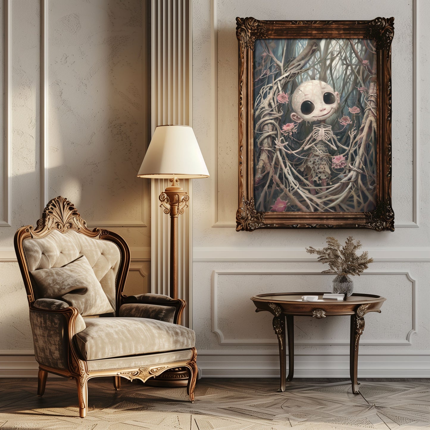 Creepy Cute Horror Doll Surrounded by Pink Roses Poster