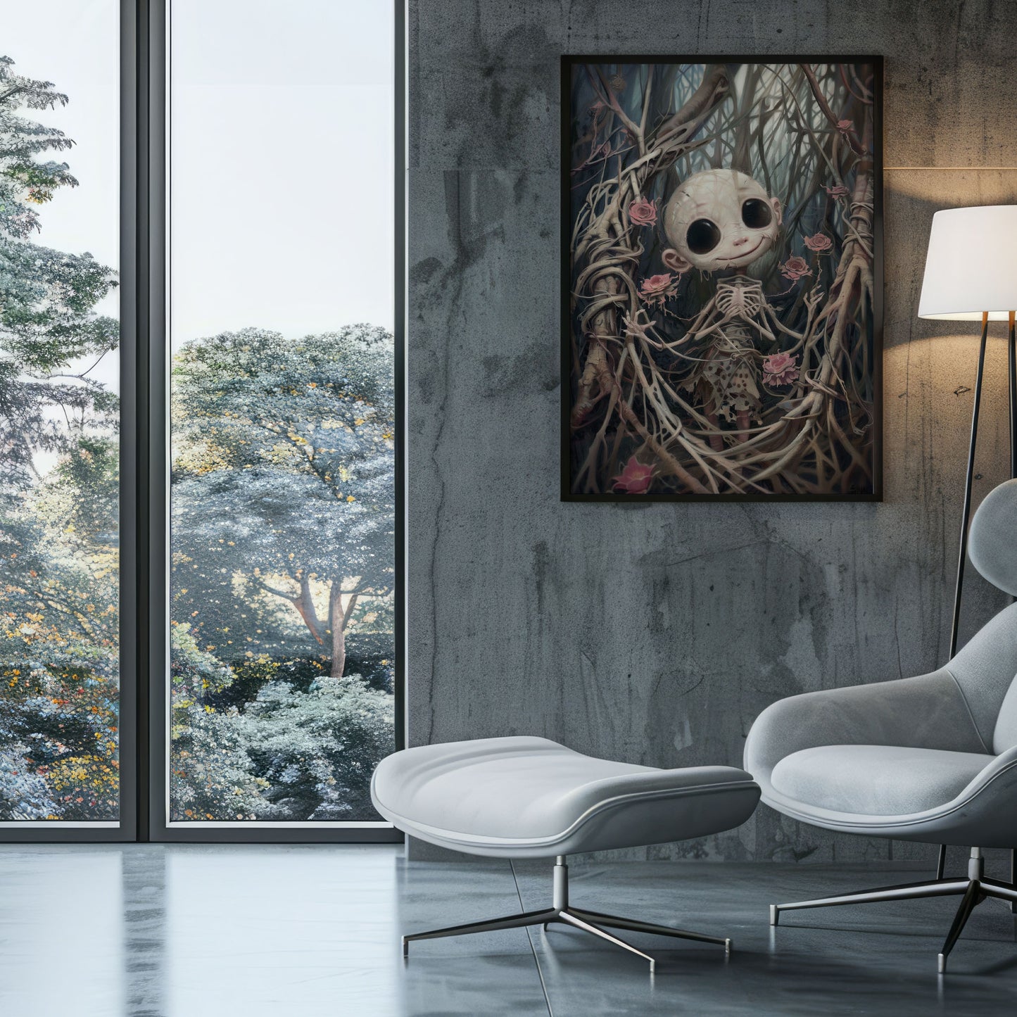 Creepy Cute Horror Doll Surrounded by Pink Roses Poster