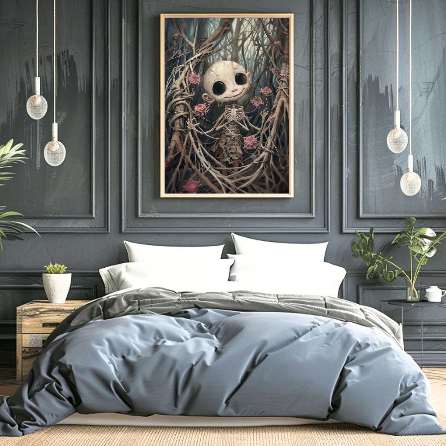 Creepy Cute Horror Doll Surrounded by Pink Roses Poster