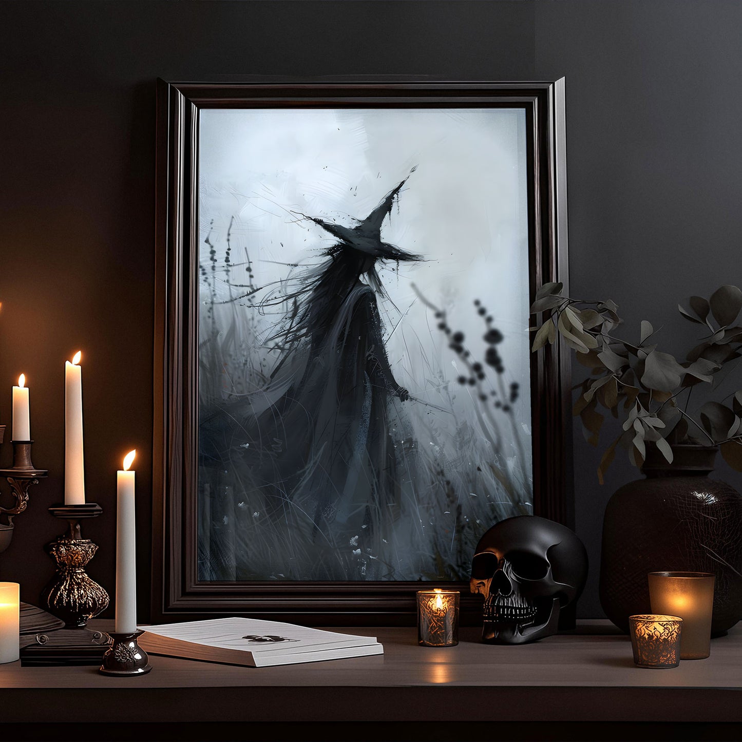 Gothic Witch Art: Dark Painting in High Grass Poster Print