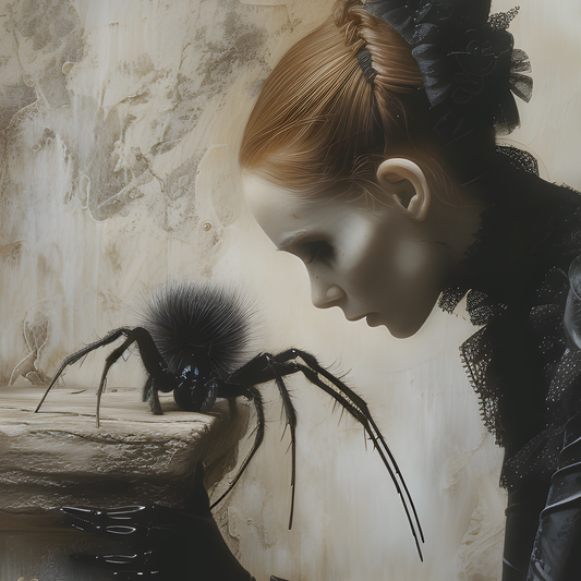 Memento mori art print featuring elegant skeleton lady in dark academia setting with vintage decor