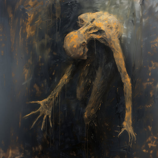 dark surrealism, abstract figure painting, distorted human form, hunched posture, oil on canvas, elongated limbs, dripping paint effect, expressive brushwork, chaotic composition, surreal anatomy