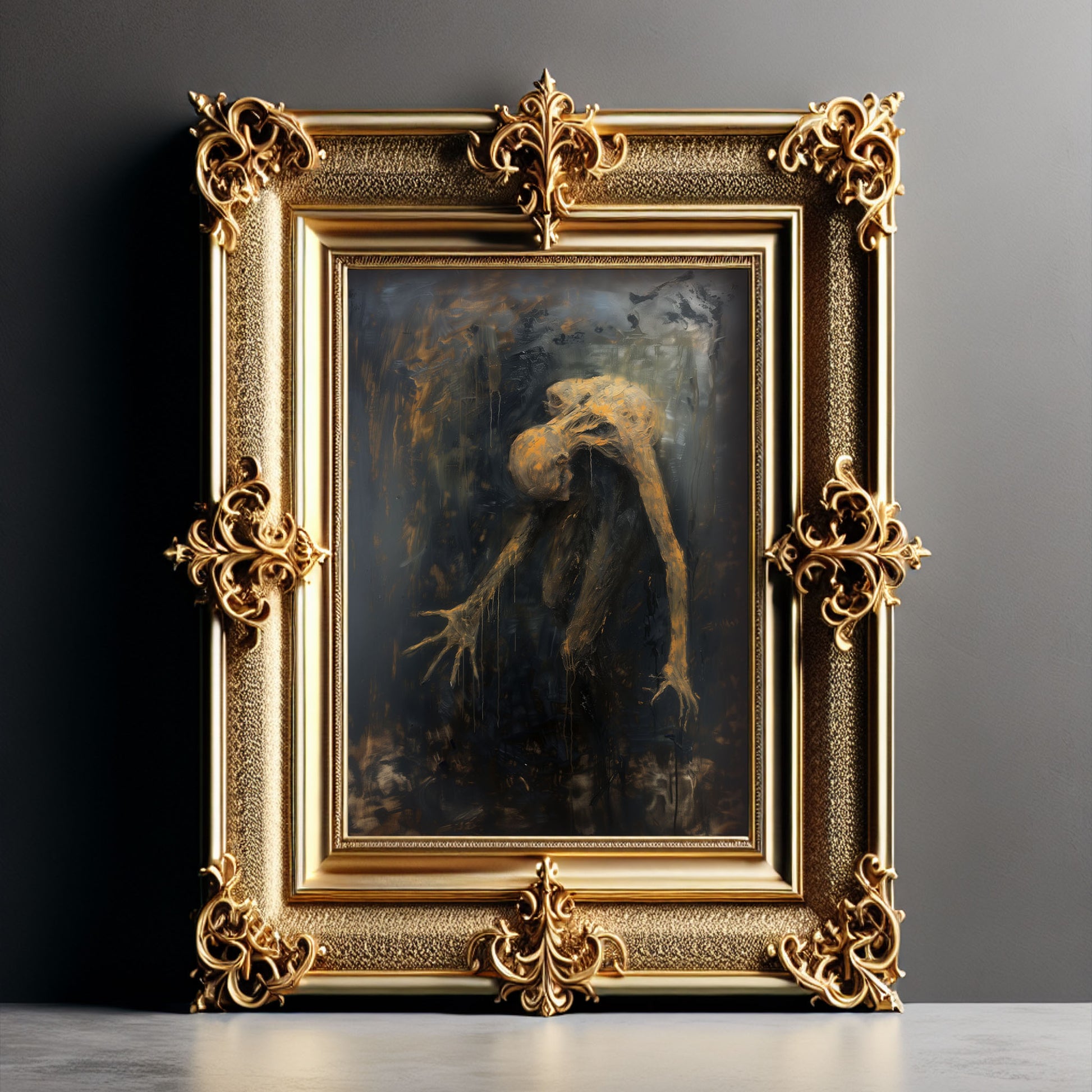 dark surrealism, abstract figure painting, distorted human form, hunched posture, oil on canvas, elongated limbs, dripping paint effect, expressive brushwork, chaotic composition, surreal anatomy