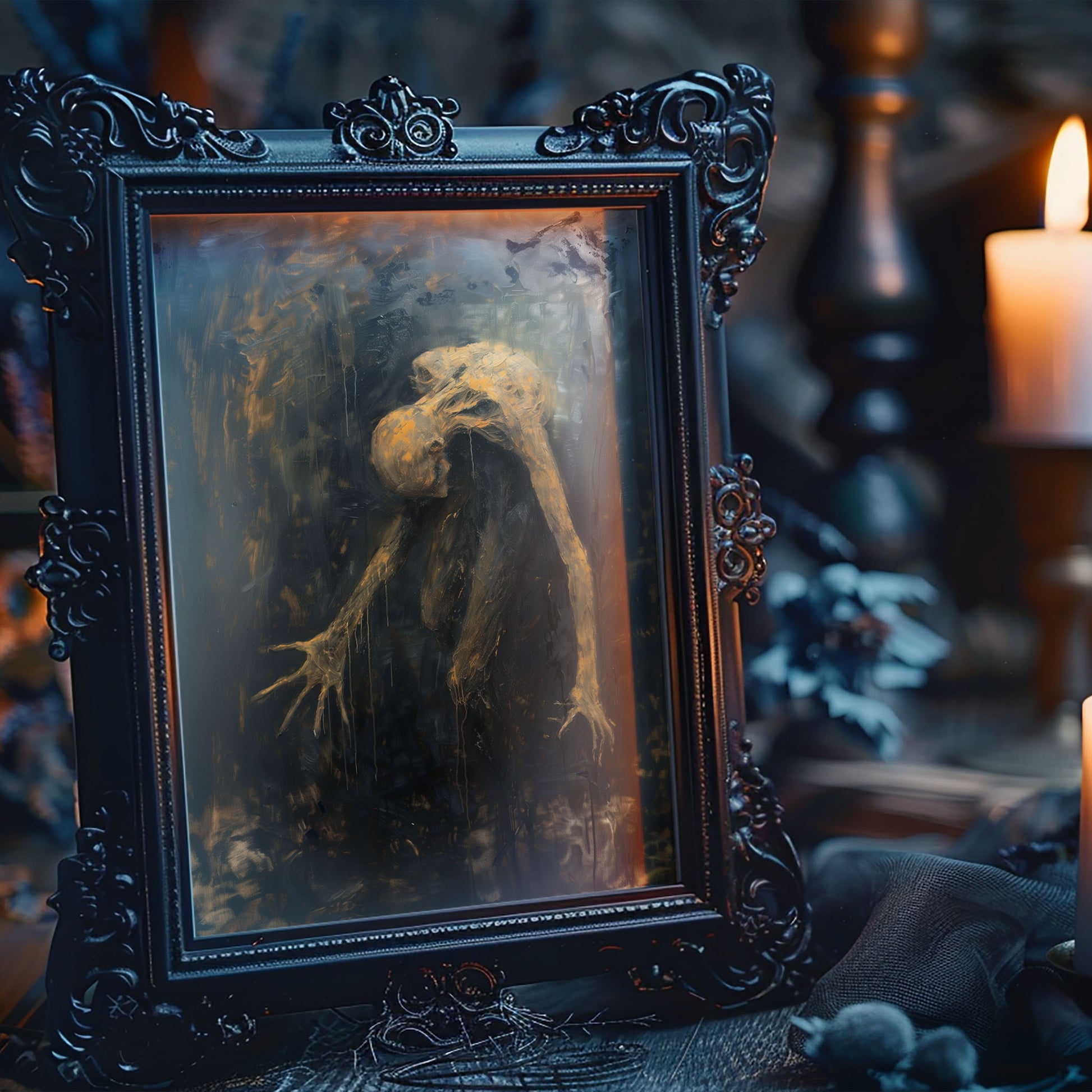 dark surrealism, abstract figure painting, distorted human form, hunched posture, oil on canvas, elongated limbs, dripping paint effect, expressive brushwork, chaotic composition, surreal anatomy