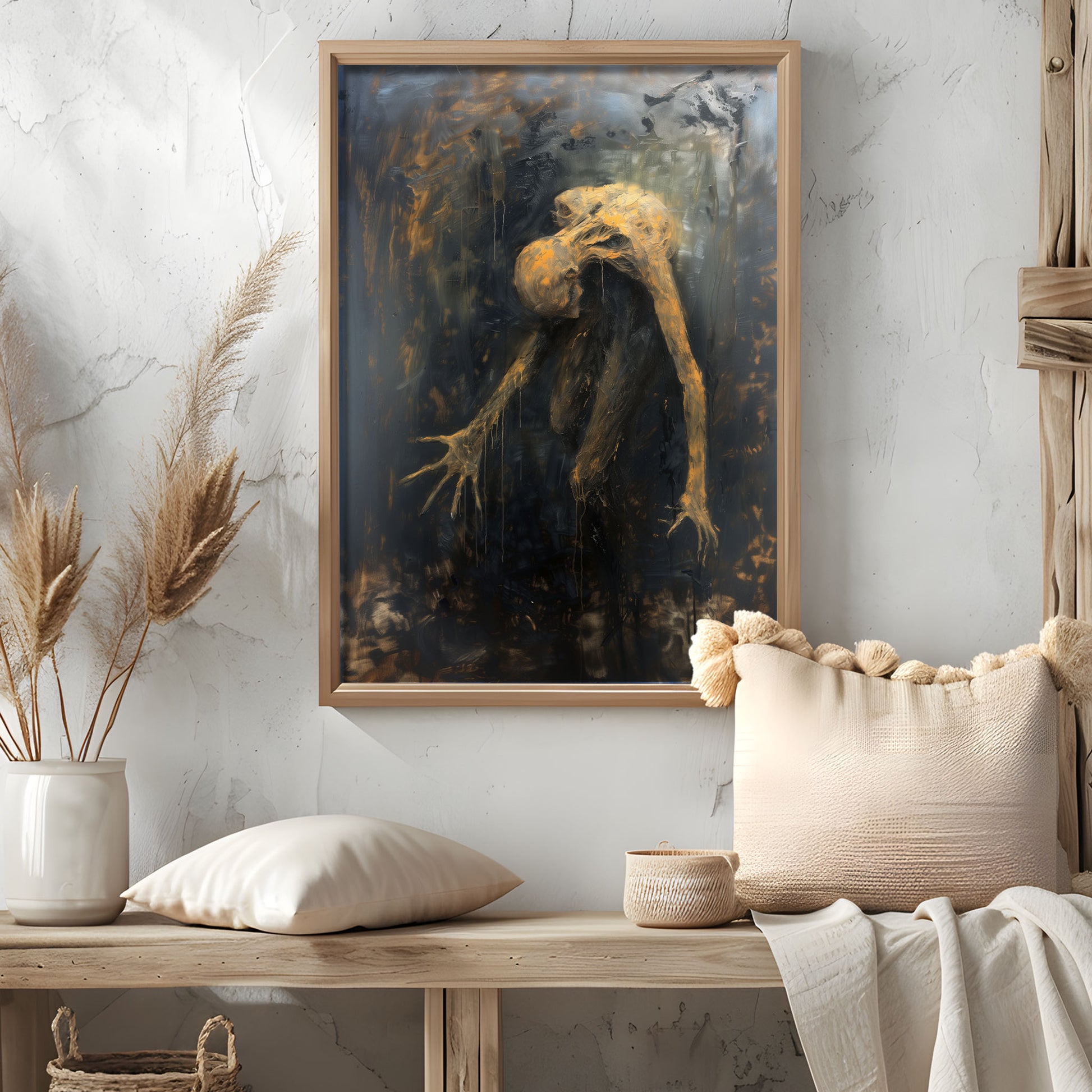 dark surrealism, abstract figure painting, distorted human form, hunched posture, oil on canvas, elongated limbs, dripping paint effect, expressive brushwork, chaotic composition, surreal anatomy