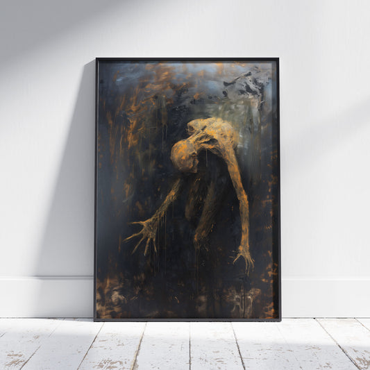 dark surrealism, abstract figure painting, distorted human form, hunched posture, oil on canvas, elongated limbs, dripping paint effect, expressive brushwork, chaotic composition, surreal anatomy