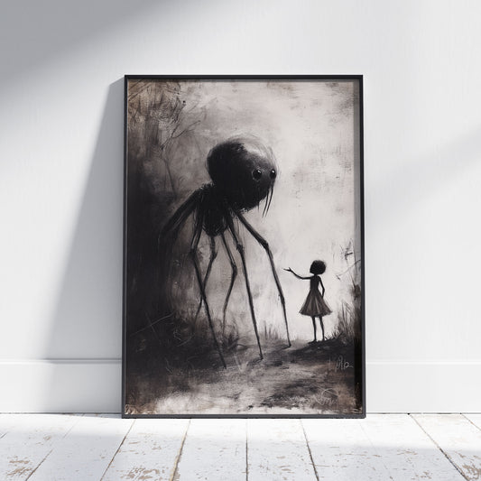 Little Girl Helping Baby Spider Monster - Dark Fine Art Drawing - Creepy Cute Poster Print - Macabre Wall Art