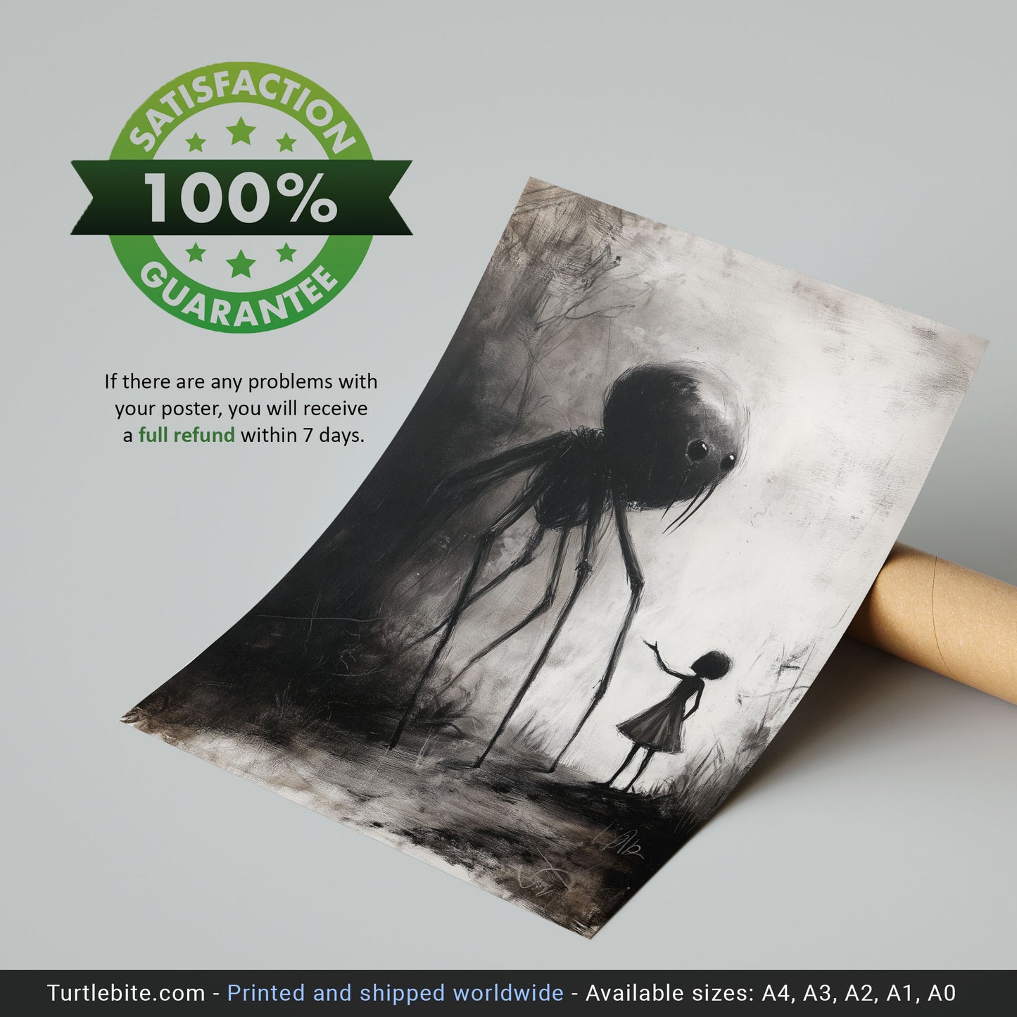 Little Girl Helping Baby Spider Monster - Dark Fine Art Drawing - Creepy Cute Poster Print - Macabre Wall Art