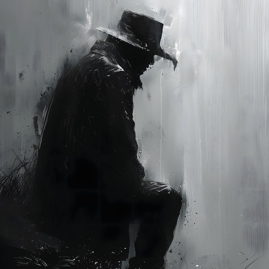 Sitting Man in Rain Poster, Black and White Painting Print