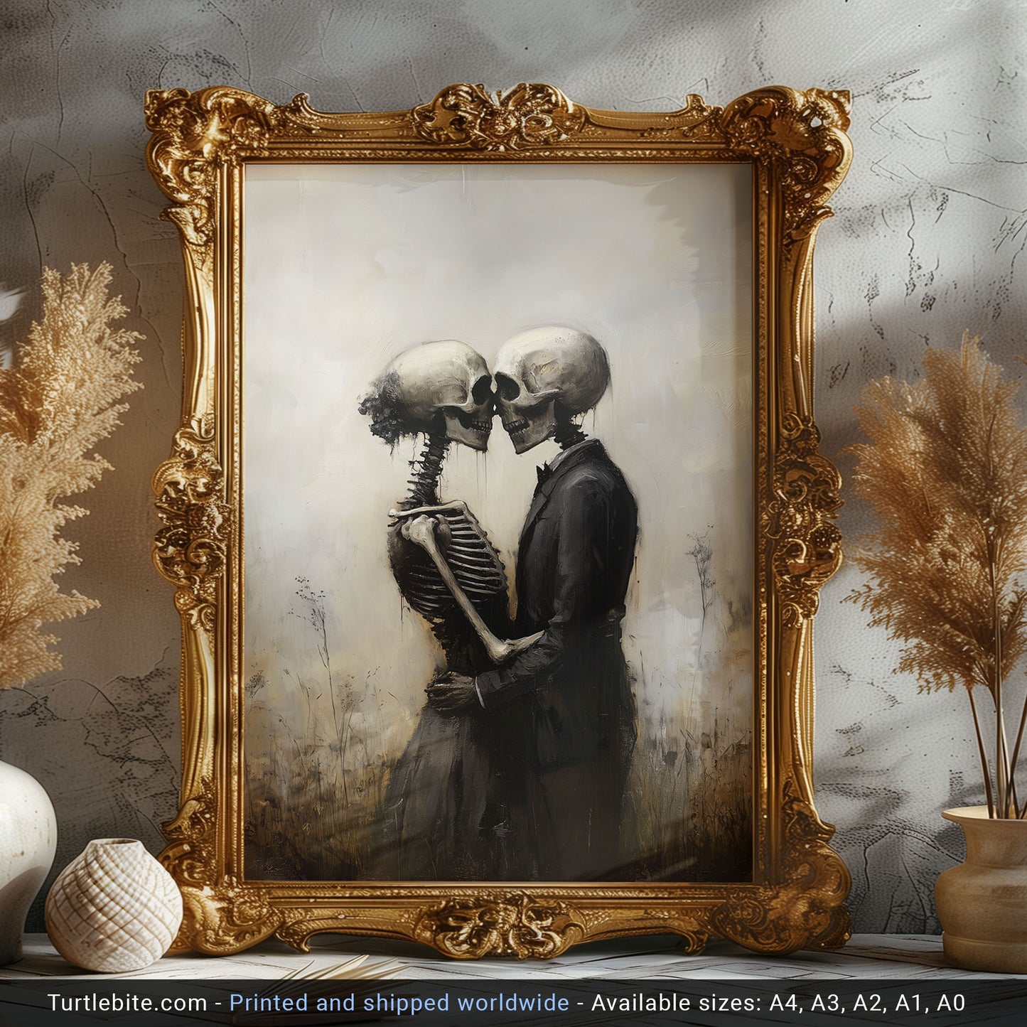 Skeleton Love Story - Gothic Skeletal Romance Painting - Dark Art Vintage Poster - Macabre Fine Art Print